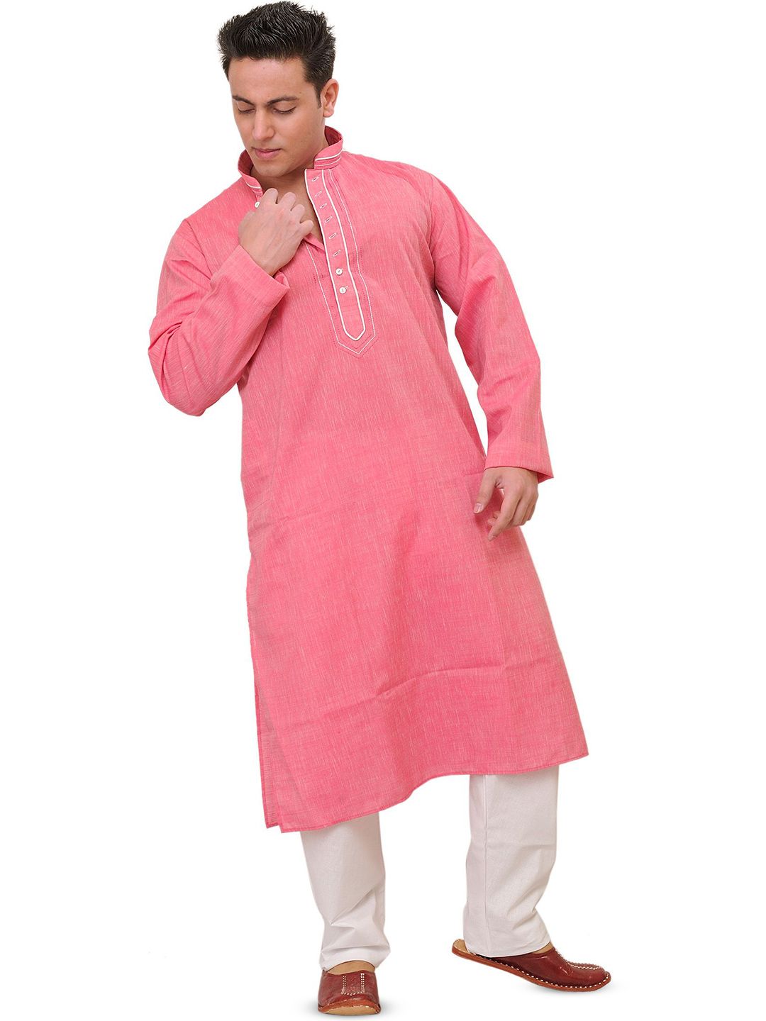 Exotic India Men Plain Kurta Pajama with Thread Embroidery-picture-15