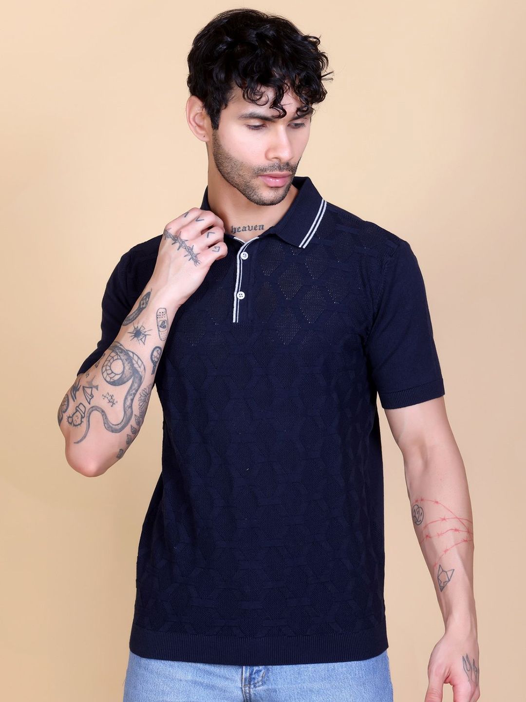 Dzant Self Design Polo Collar Neck Short Sleeves Organic Cotton T-shirt-image-17