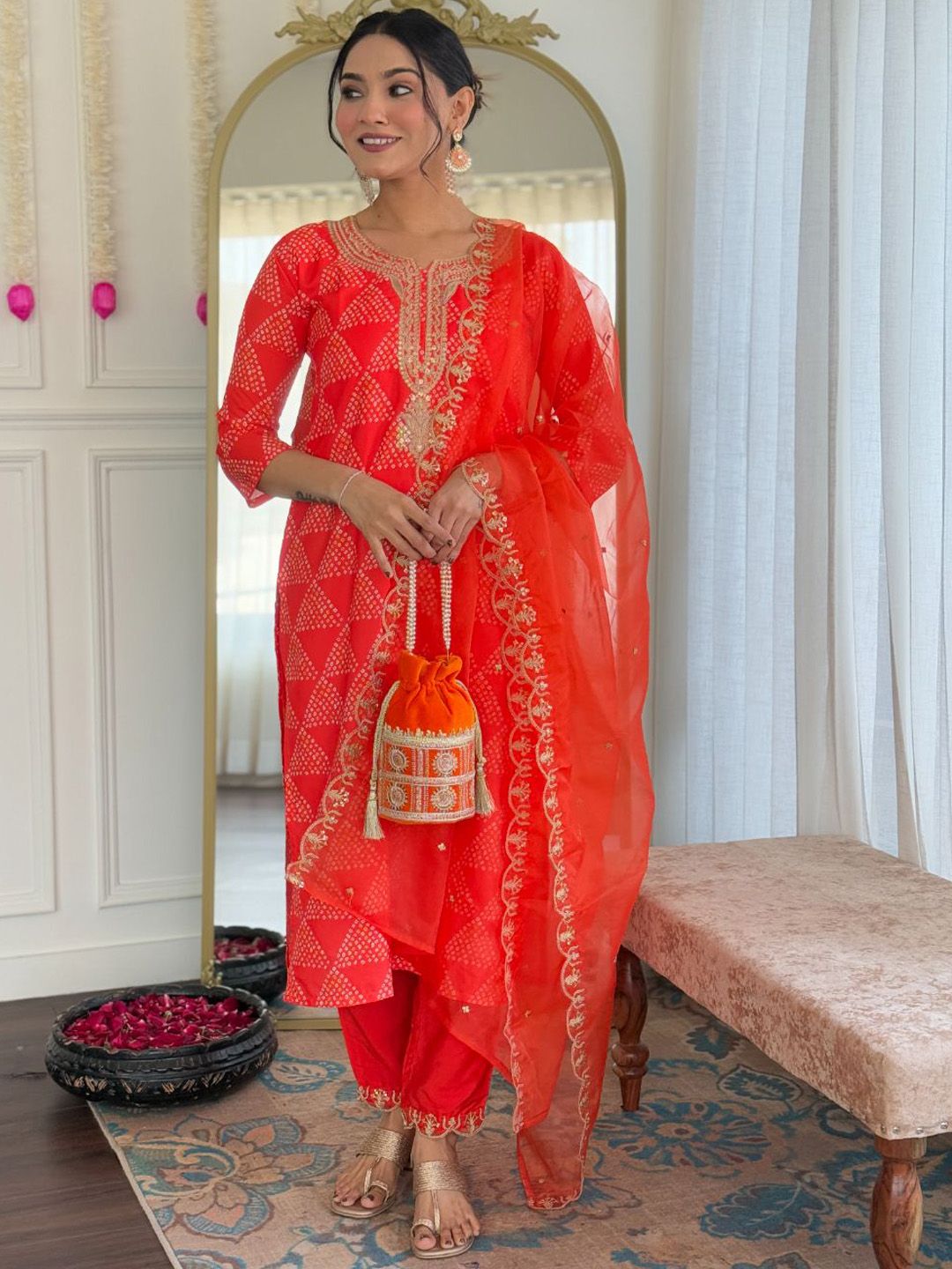 URMIR FASHION Women Bandhani Thread Work Silk Kurta with Trousers & Dupatta