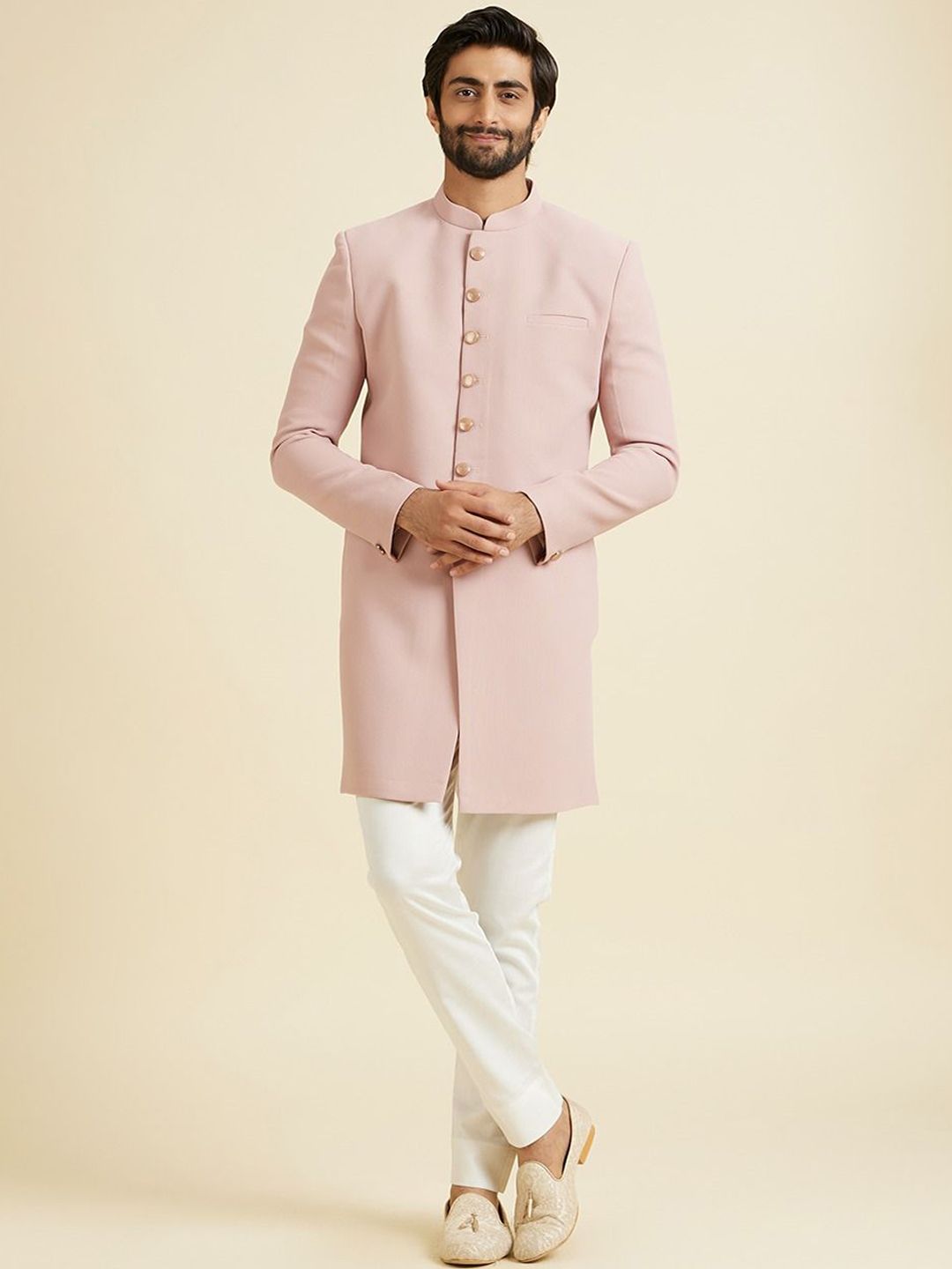 Manyavar Men Self-Designed Mandarin Collar Sherwani Set-image-35