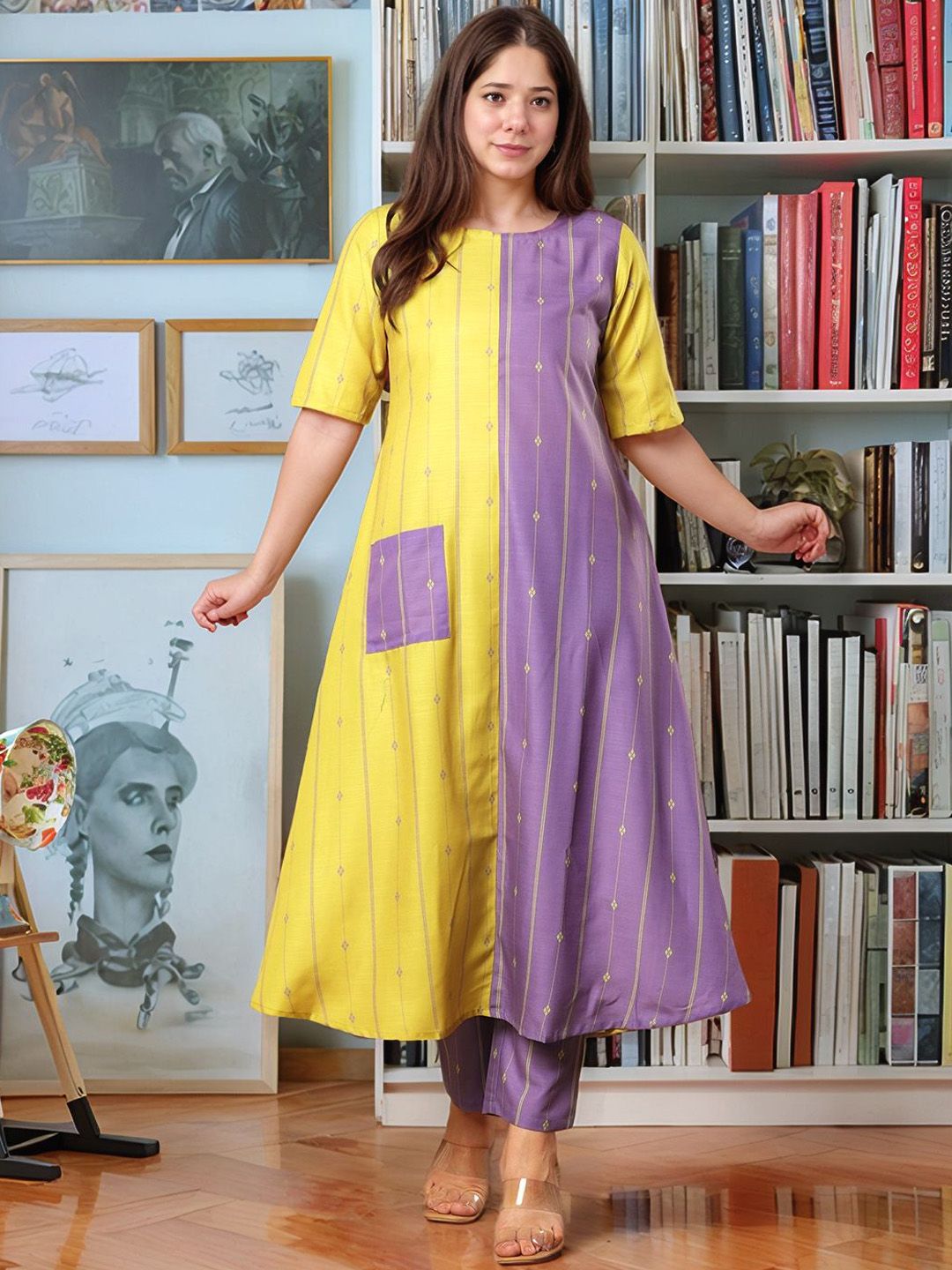 GoSriKi Women Colourblocked Regular Kurta with Trousers