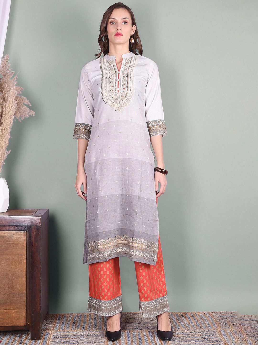 Indiwest Women Floral Printed Cotton Kurta with Palazzo