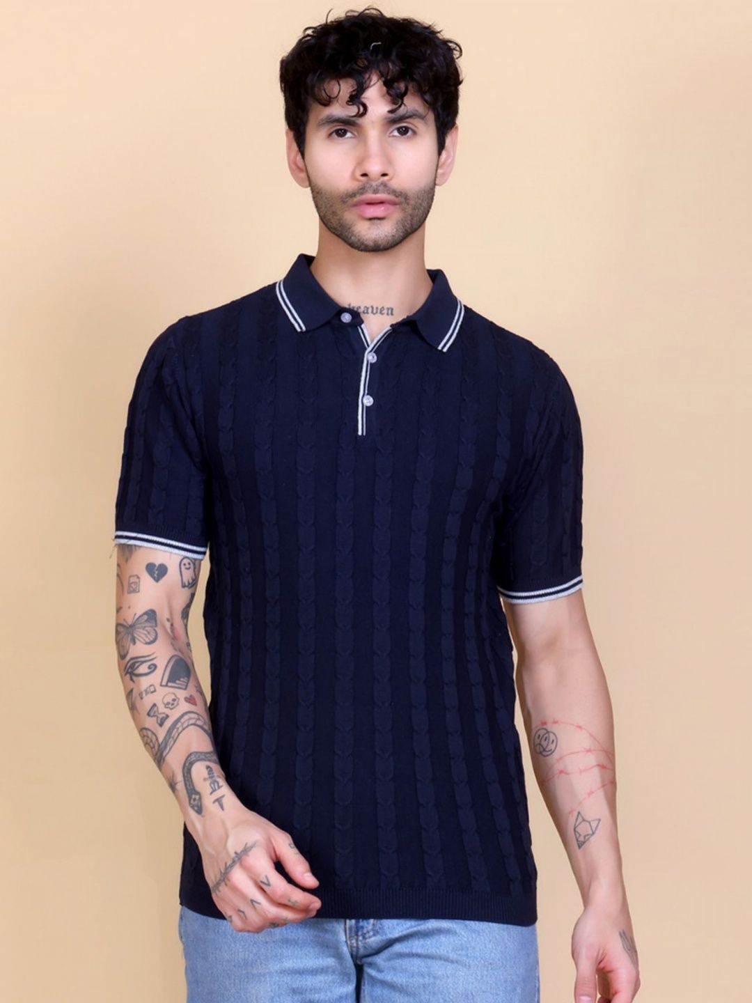 Dzant Self Design Polo Collar Neck Short Sleeves Organic Cotton T-shirt-image-18