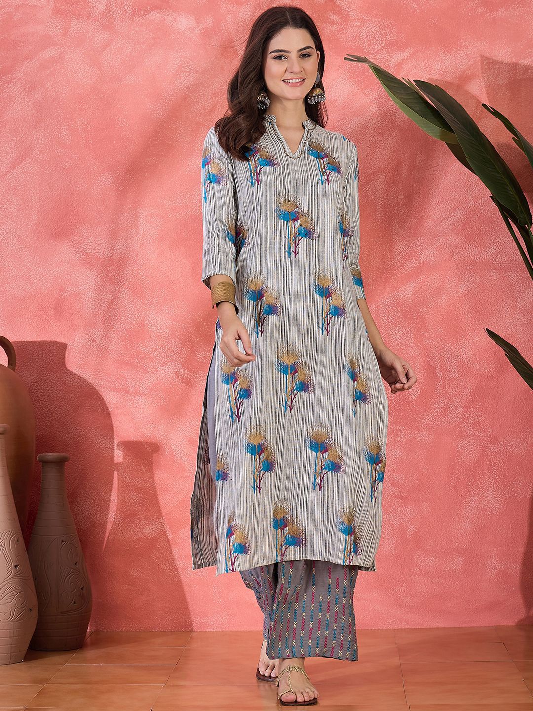 Sangria Women Floral Embroidered Regular Kurta with Trousers