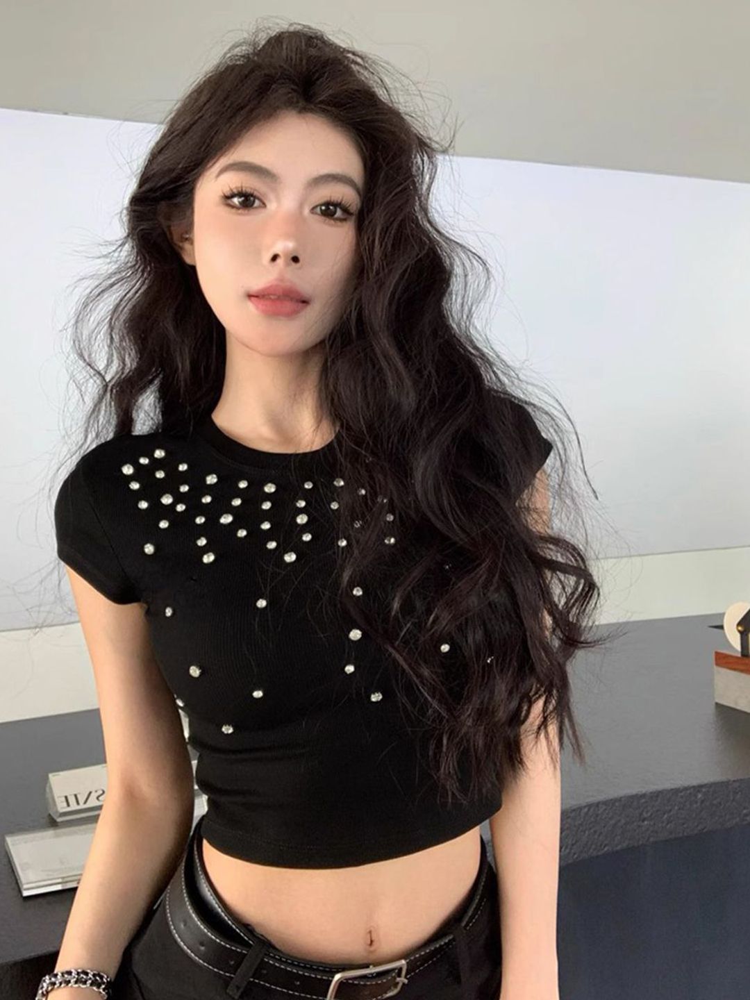 StyleCast Embellished Short Sleeves Round Neck Slim Fit Crop T-shirt-picture-17