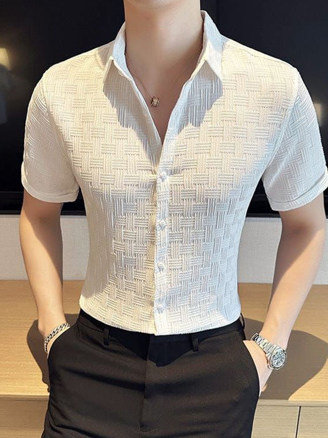 WILNERCROWN Textured Button-Down Collar Cotton Shirt-image-3