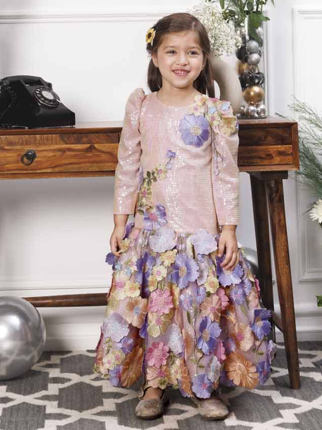 The Lush Affair Zarita Girls Floral Printed Puff Sleeves Applique Net Maxi Dress-image-42