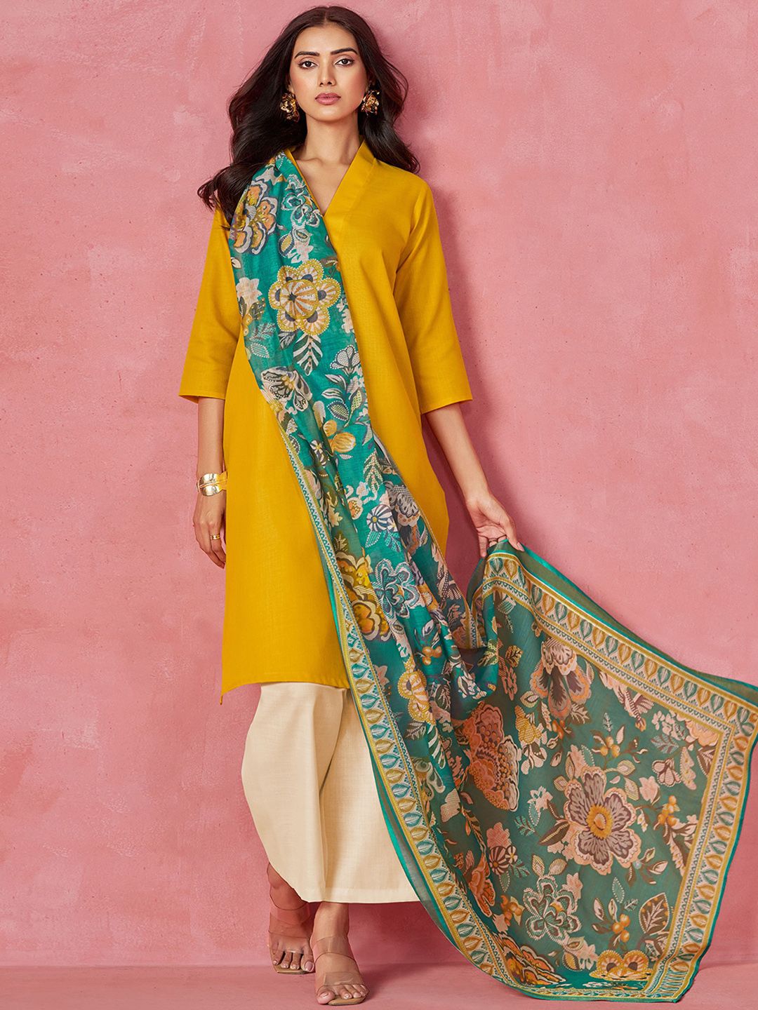 Sangria V-Neck Kurta with Trousers & Dupatta