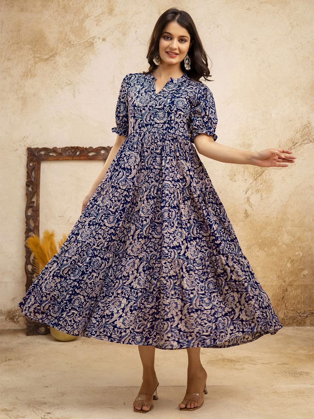 PRESHA Women Ethnic Motifs Print Puff Sleeve Cotton Fit & Flare Midi Dress-picture-24