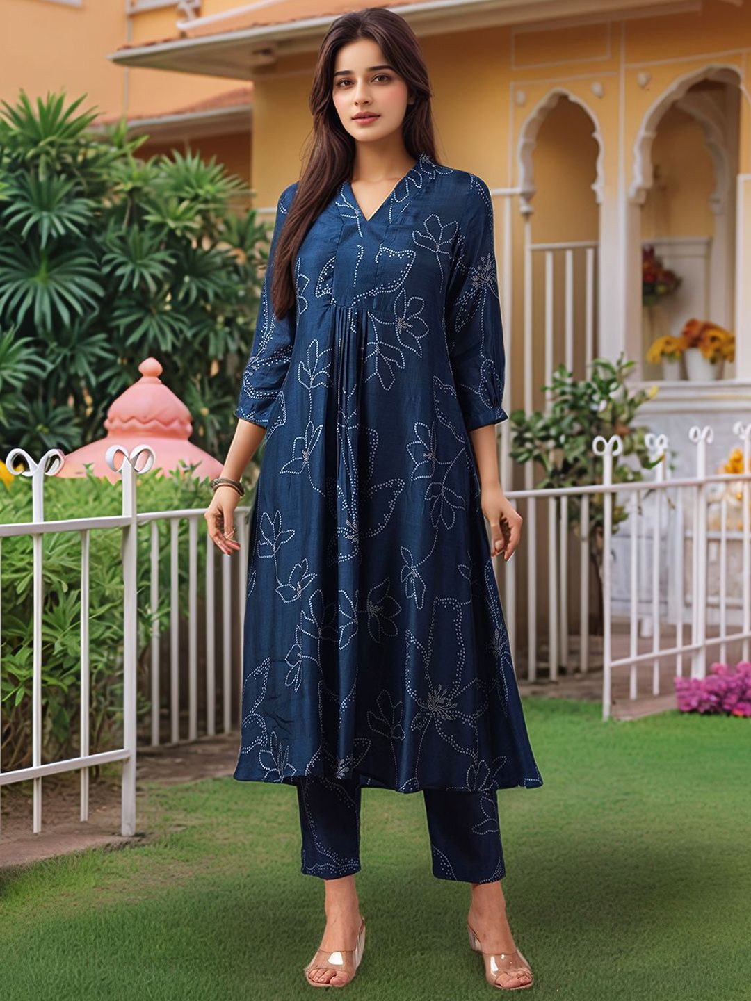 GoSriKi Ethnic Motifs Printed V-Neck A-Line Kurta With Trousers