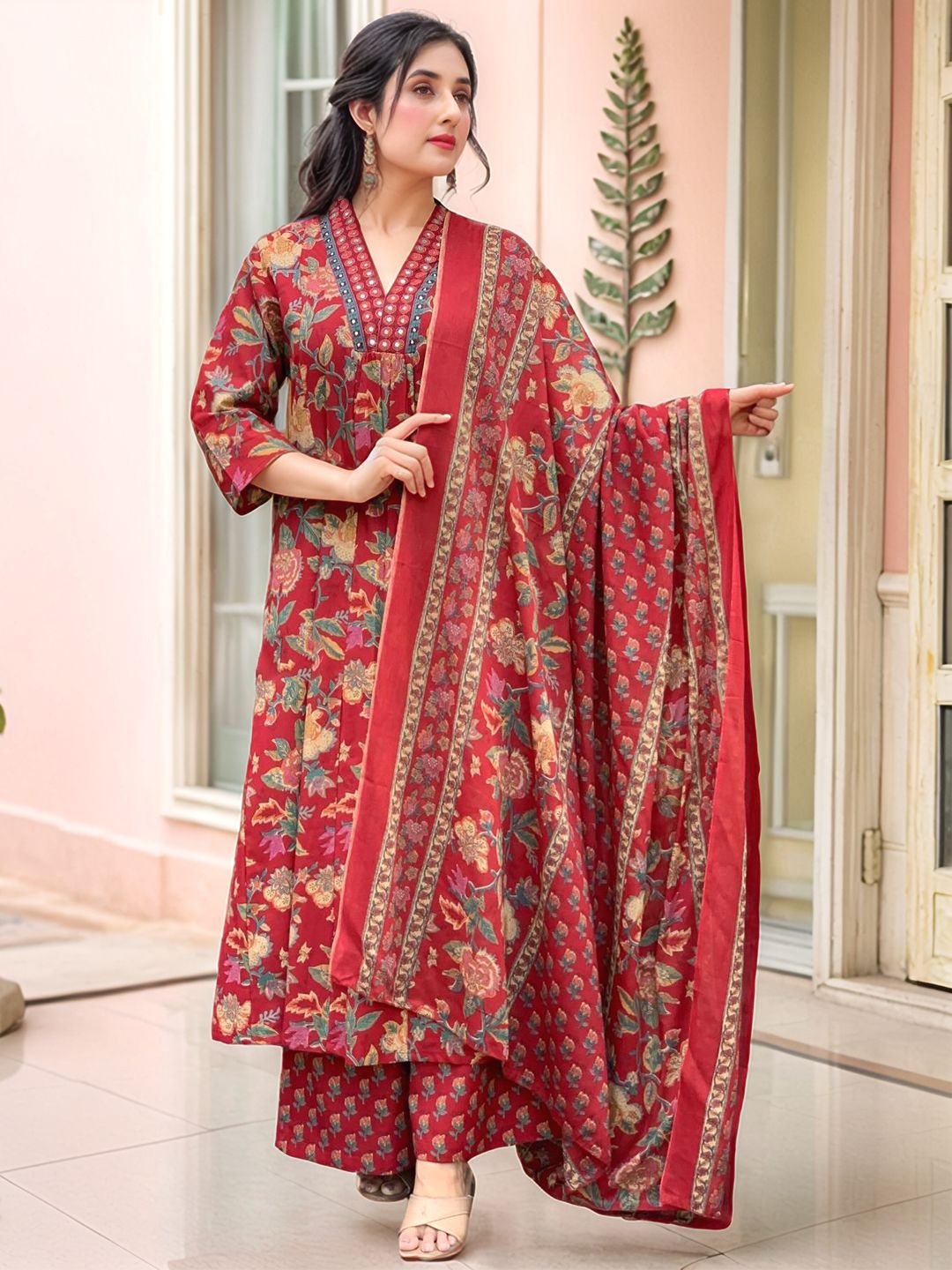 GoSriKi Floral Printed V-Neck A-Line Kurta with Palazzos & Dupatta