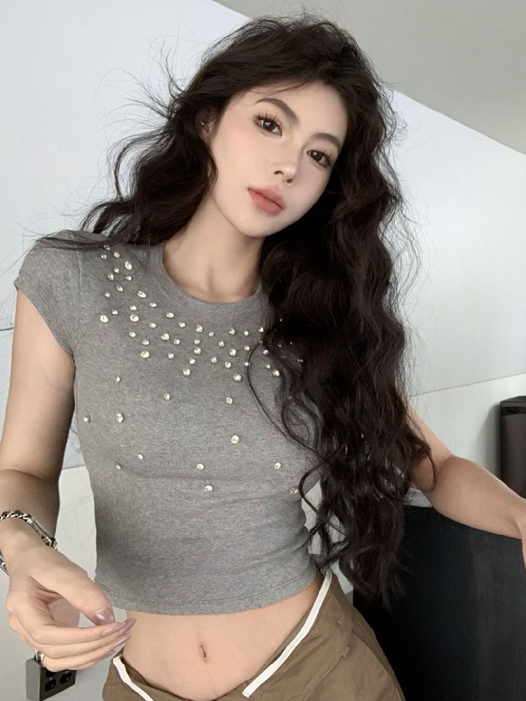 StyleCast Embellished Short Sleeves Round Neck Slim Fit Crop T-shirt-picture-16