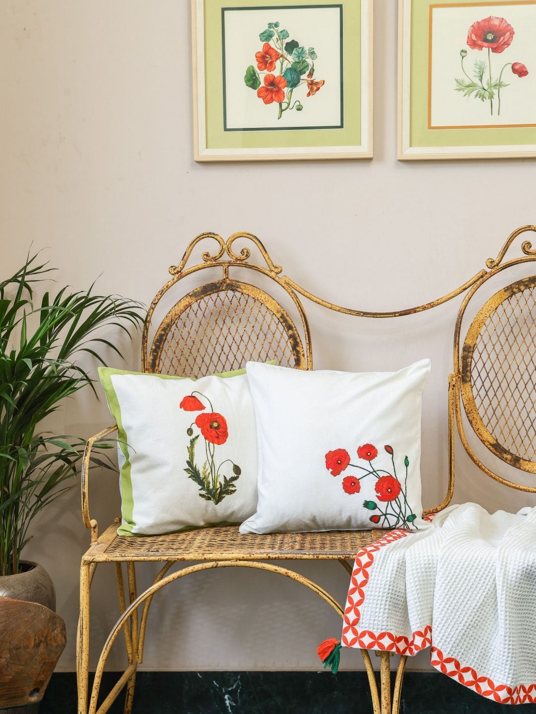 Crown of Poppies Blooming Garden White 2 Pieces Printed Cotton Square Cushion Covers-picture-32