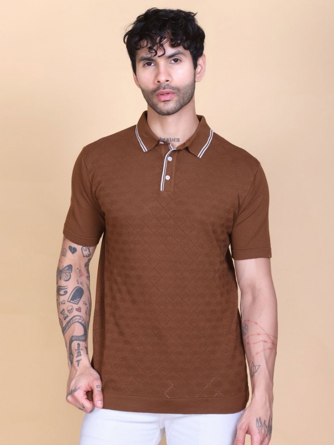 Dzant Self Design Polo Collar Neck Short Sleeves Organic Cotton T-shirt-image-15