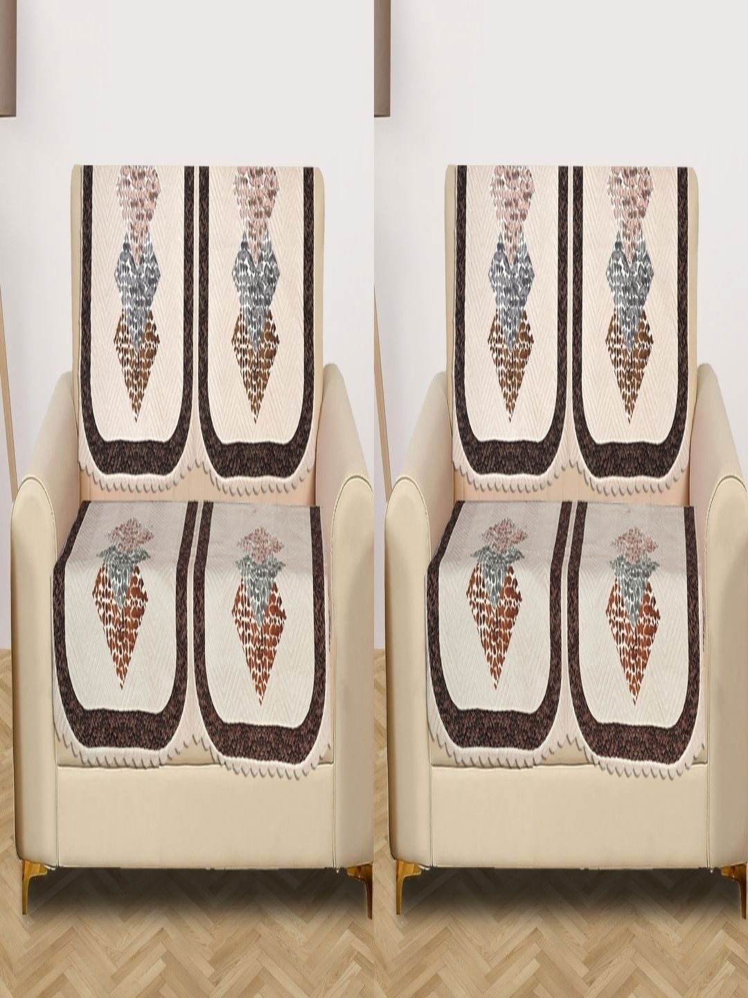 Myntra Elegant Homes Cream-Coloured & Grey 8 Pieces Printed 4 Seater Velvet Sofa Covers-picture-25