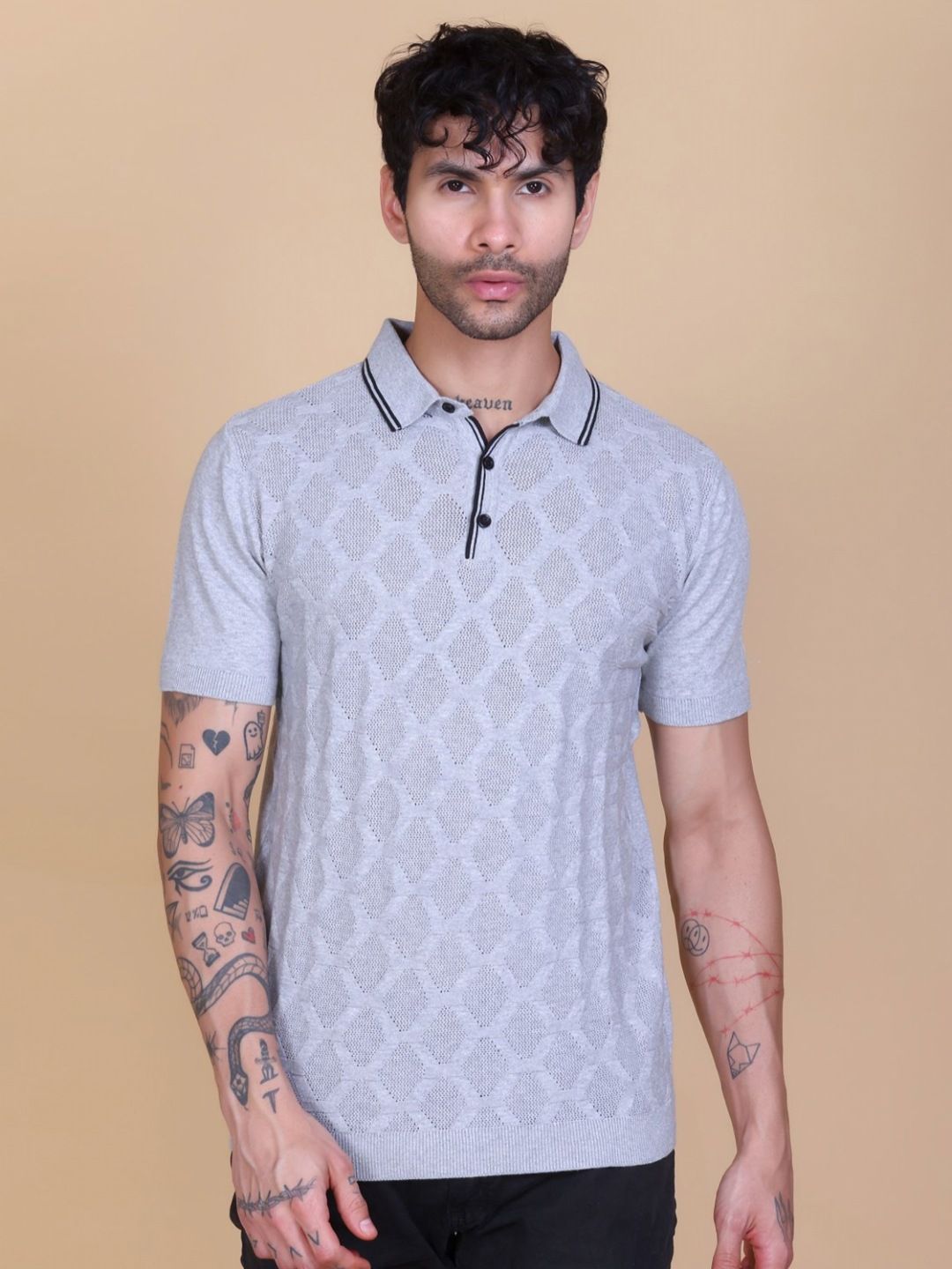 Dzant Self Design Polo Collar Neck Short Sleeves Organic Cotton T-shirt-image-24