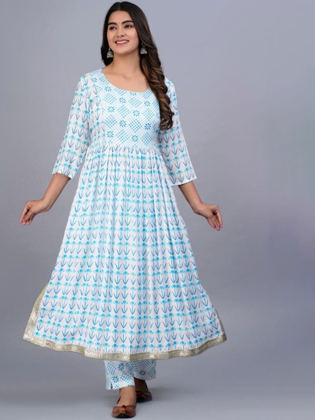 SIPET Women Ethnic Motifs Printed Regular Anarkali Pure Cotton Calf Length Kurta Set