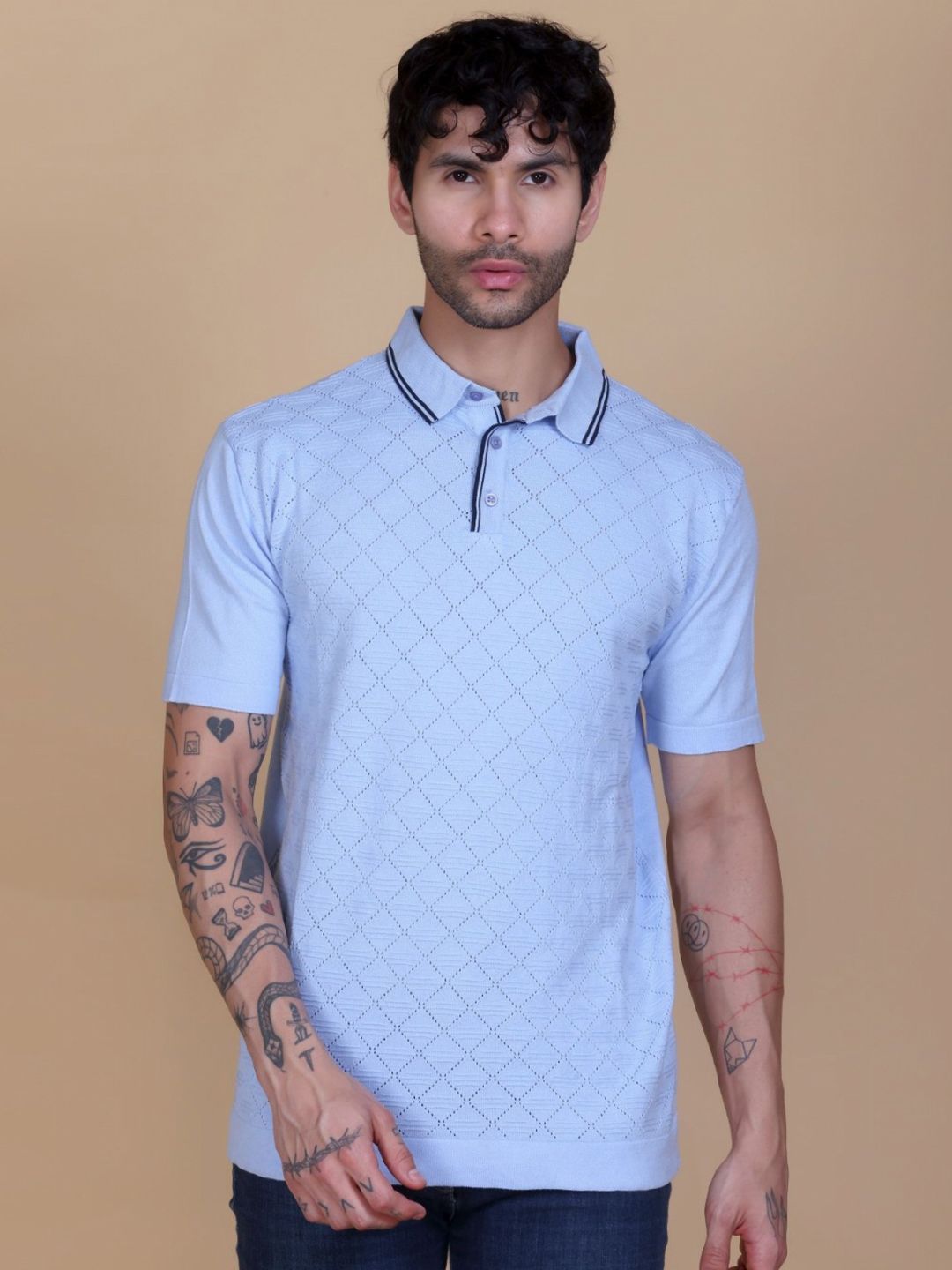 Dzant Self Design Polo Collar Neck Short Sleeves Organic Cotton T-shirt-image-23
