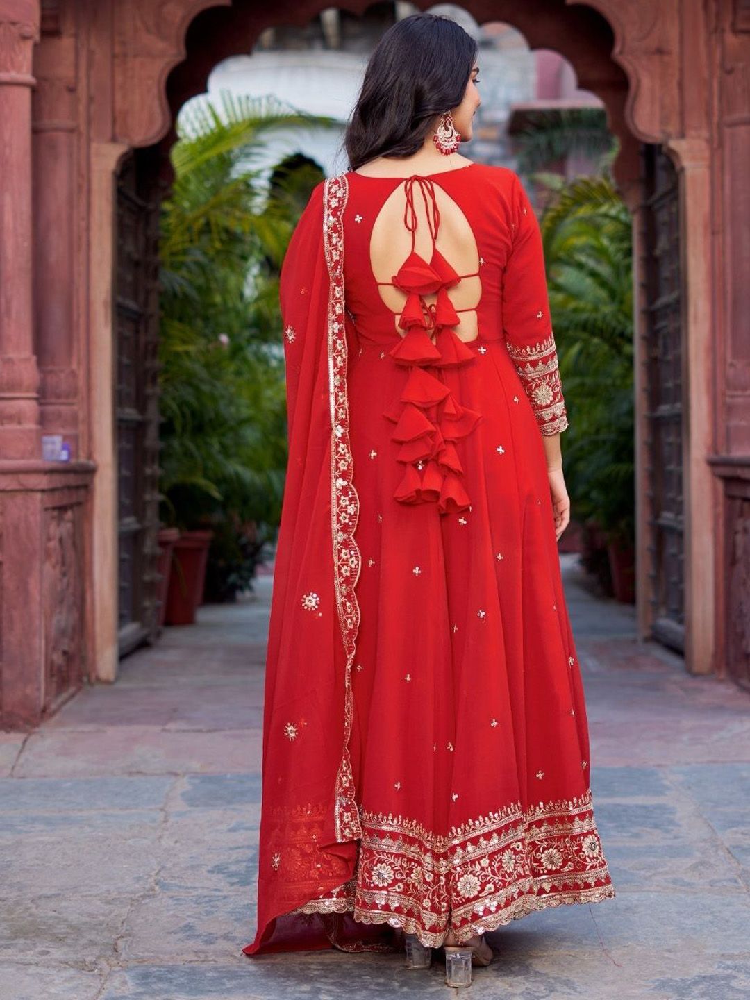 RangMahal Women's Indian Georgette Sequins Kurta with Sharara & Dupatta