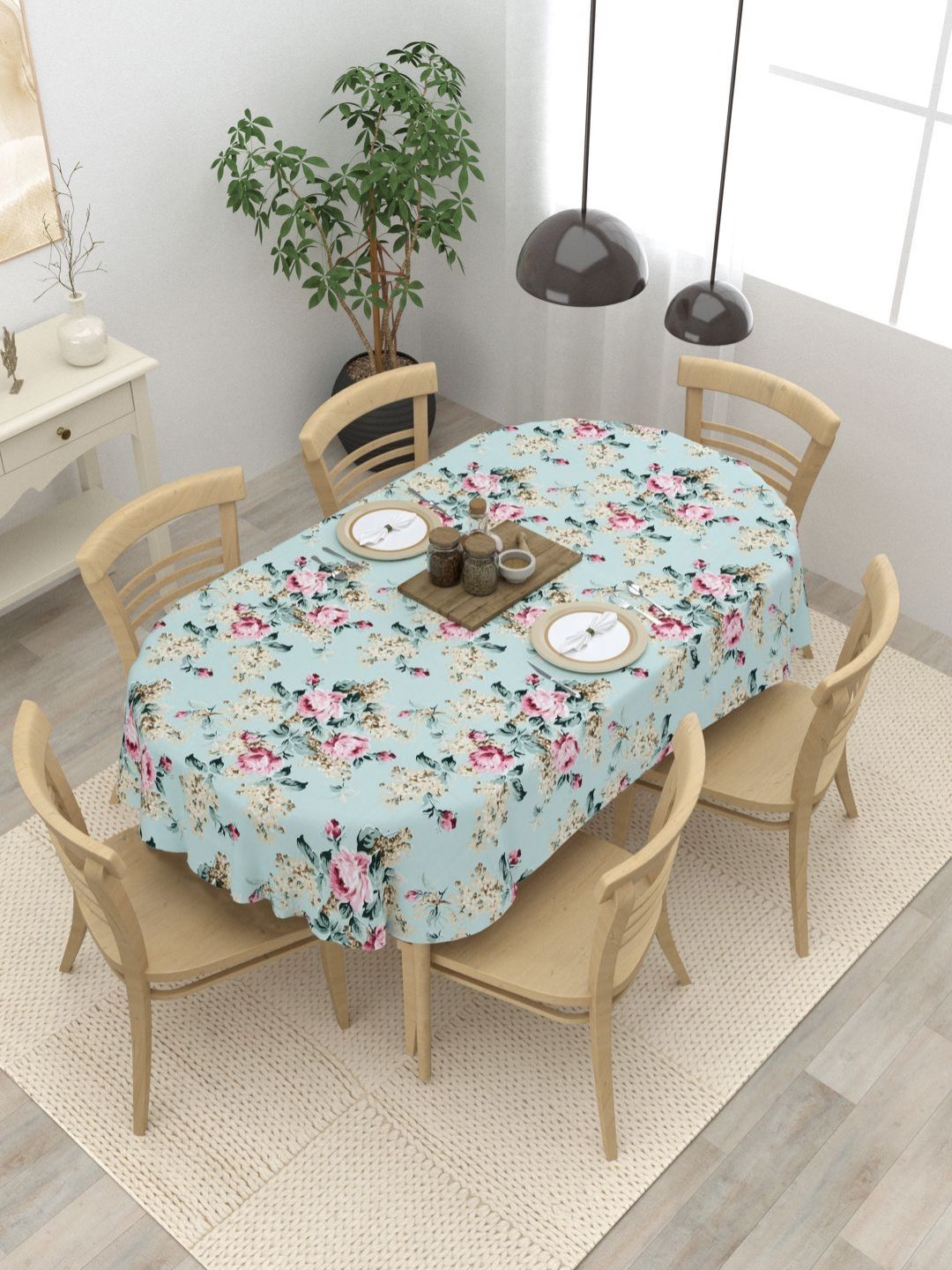 Clasiko Green & Pink Floral Printed Anti-Skid Cotton 6-Seater Table Cover-image-7
