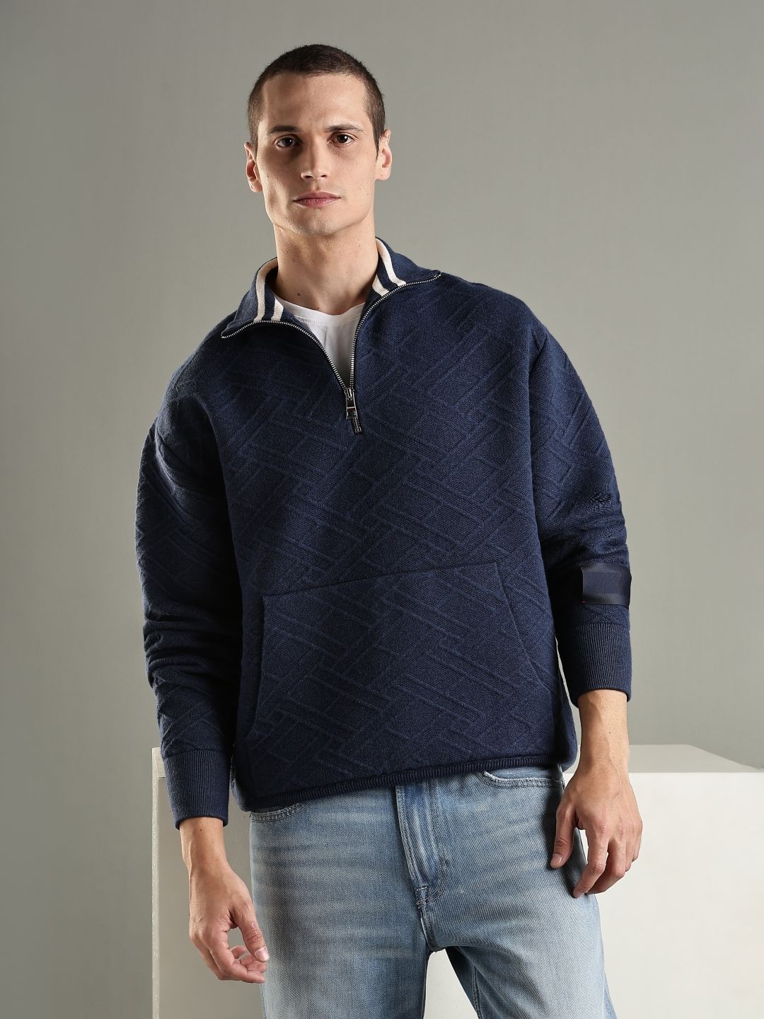 Tommy Hilfiger Europe Men Self Design High Neck Front-Open Sweatshirt-picture-27