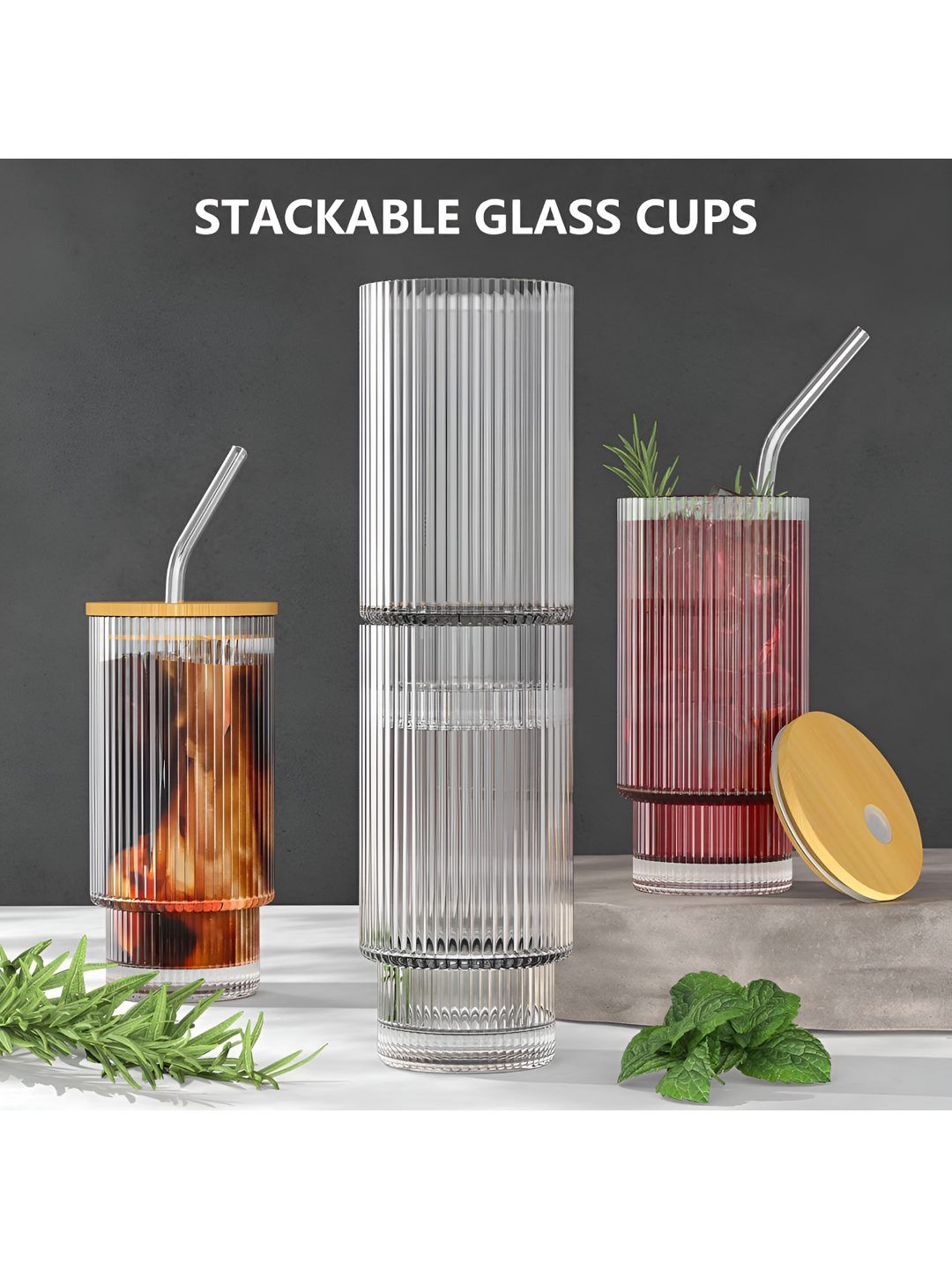 FINSTER Set Of 3 Transparent Glass Coffee Sipper Mug With Straw & Lid - 300 ml