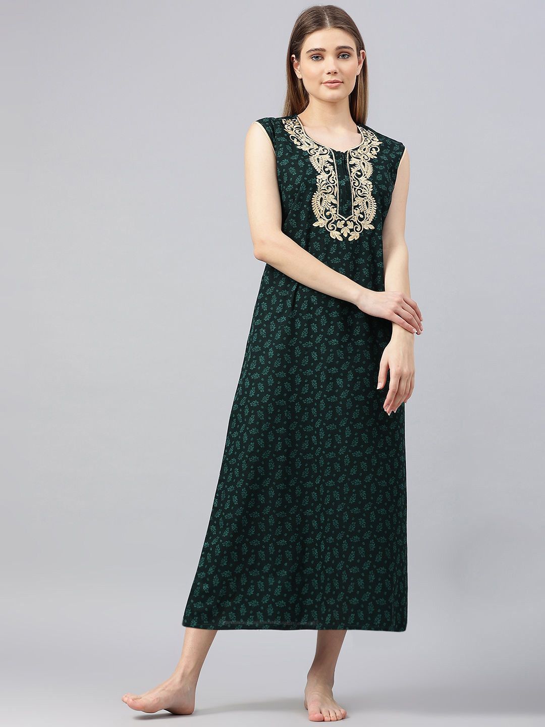 Secret Wish Women Printed Embroidered Pure Cotton Nightdress-picture-40