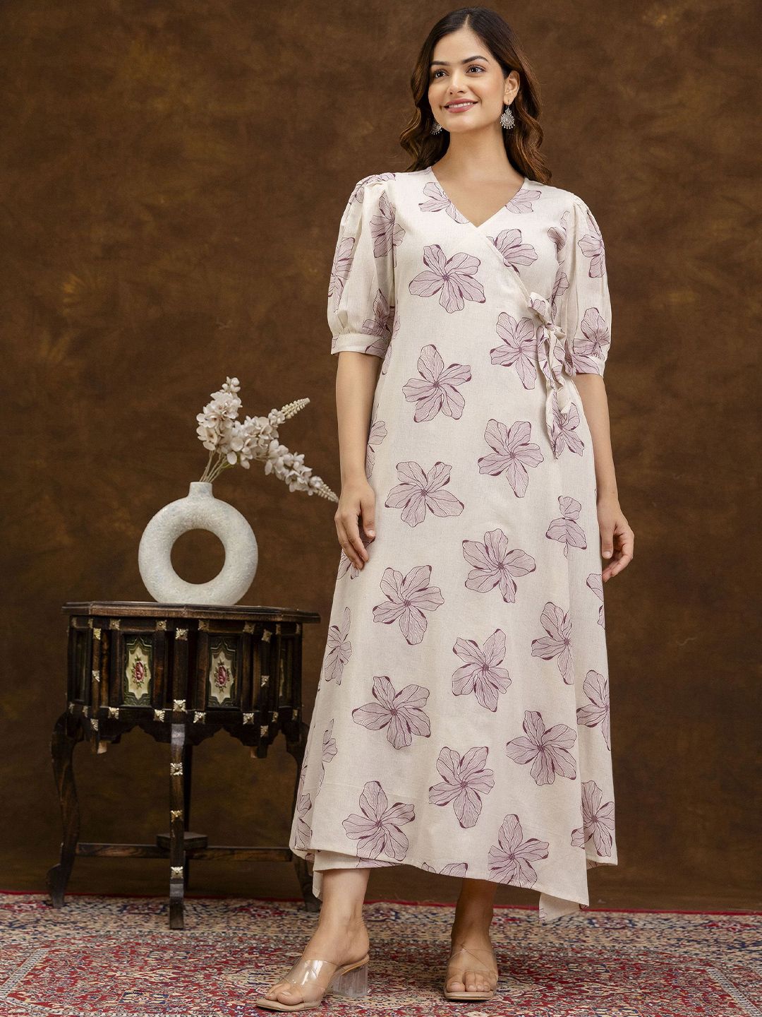 EthniFlair Women Floral Printed Puff Sleeved Tie-Ups Wrap Maxi Cotton Dress-image-23