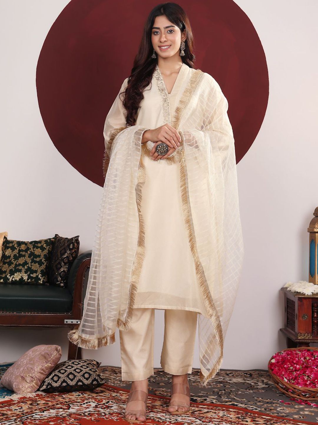 Varanga Floral Embroidered Round-V Straight Kurta With Trousers & Dupatta