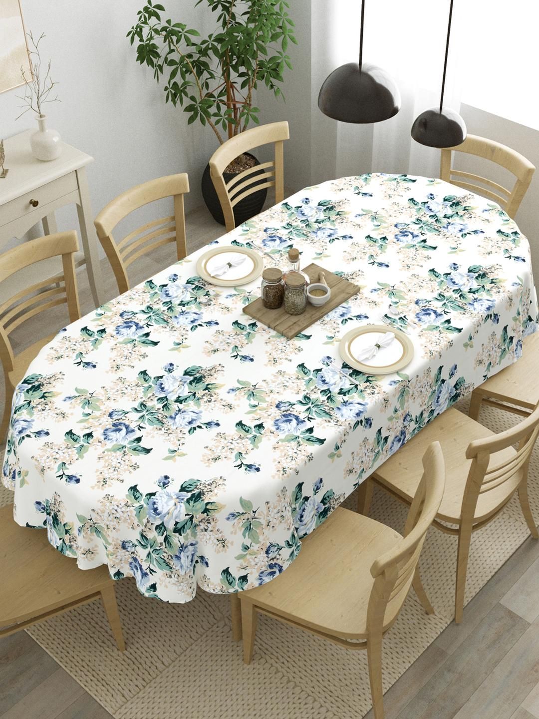 The Home Story Off White Floral Anti-Skid Cotton Oval 8-Seater Table Cover-picture-30