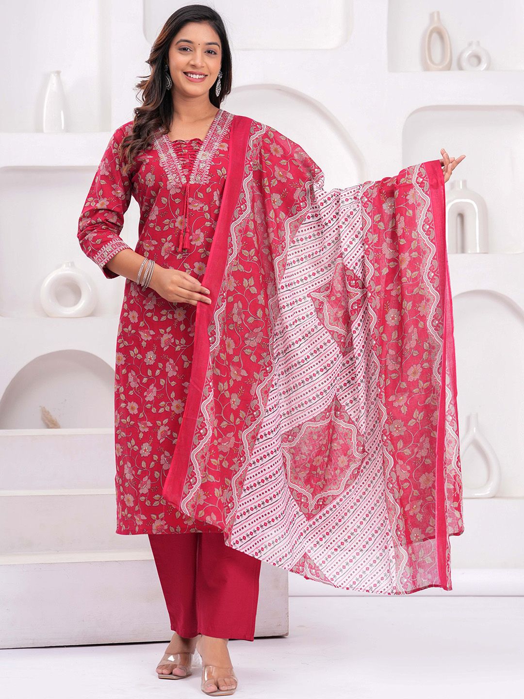 PARTHVI Women Floral Print Regular Aari Work Pure Cotton Kurta with Trousers & Dupatta