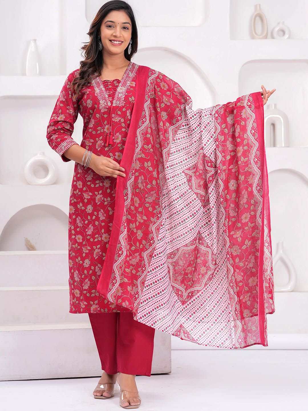 GEKHA Floral Printed Sequunied V-Neck Pure Cotton Straight Kurta With Trousers & Dupatta