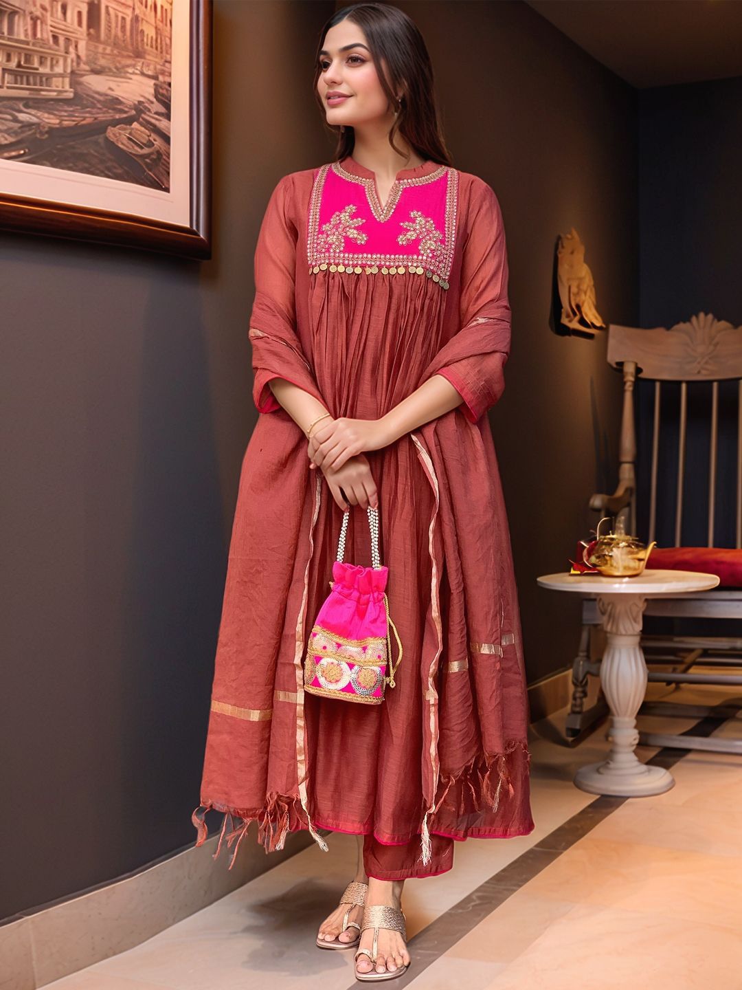 GoSriKi Women Floral Embroidered Kurta with Trousers & Dupatta