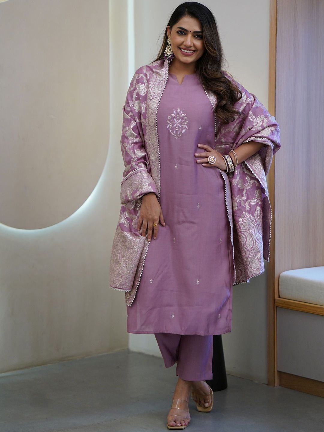 KALINI Floral Embroidered Cotton Silk Straight Kurta With Trousers & Dupatta