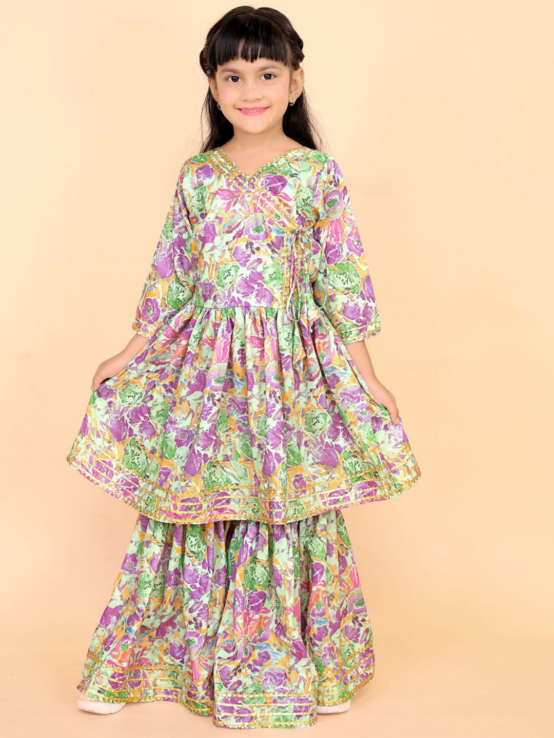 satyamfab Girls Floral Embroidered Regular Gotta Patti Kurta with Sharara-picture-33