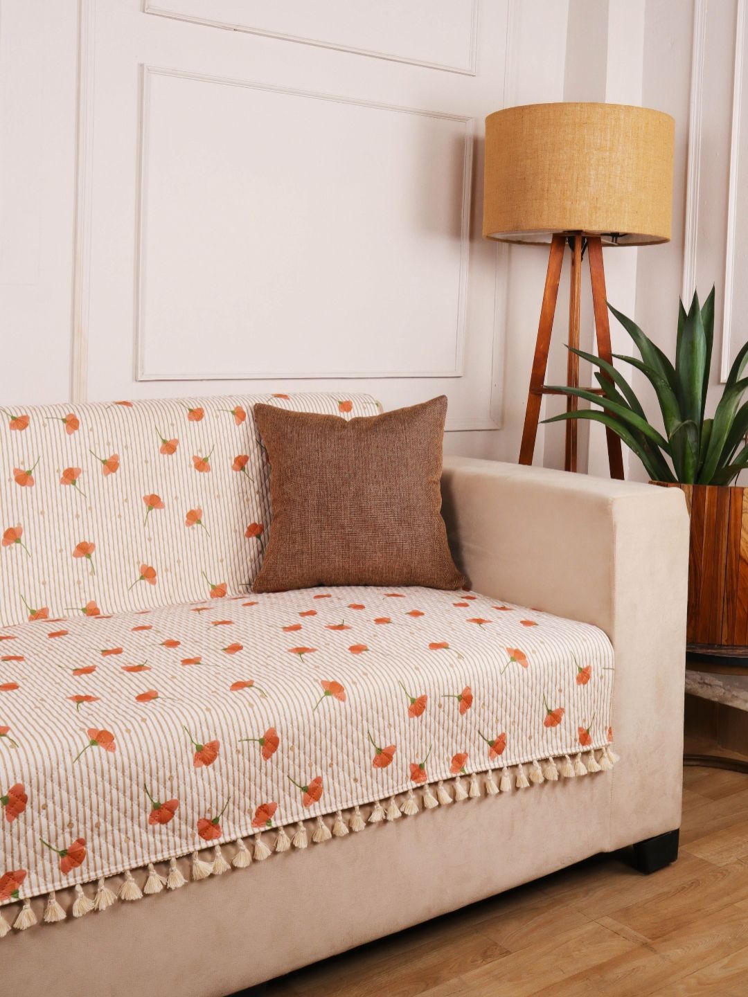 STITCHNEST 3 Seater Beige & Orange Velvet Sofa Cover