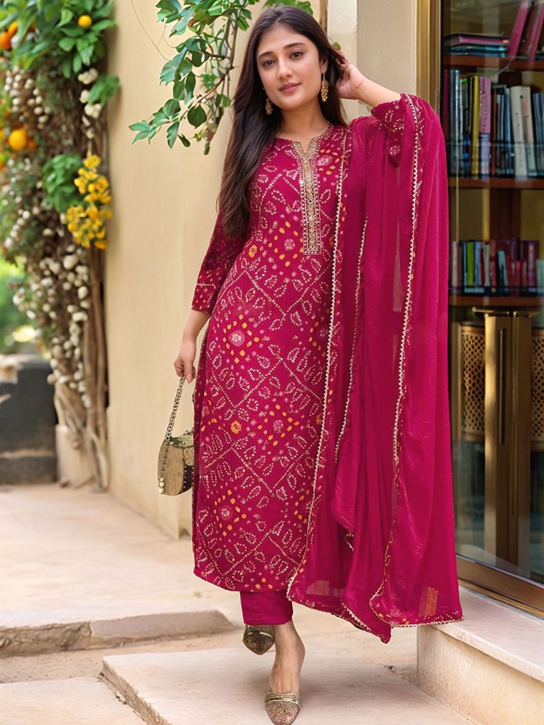 GoSriKi Women Bandhani Printed Kurta with Trousers & Dupatta