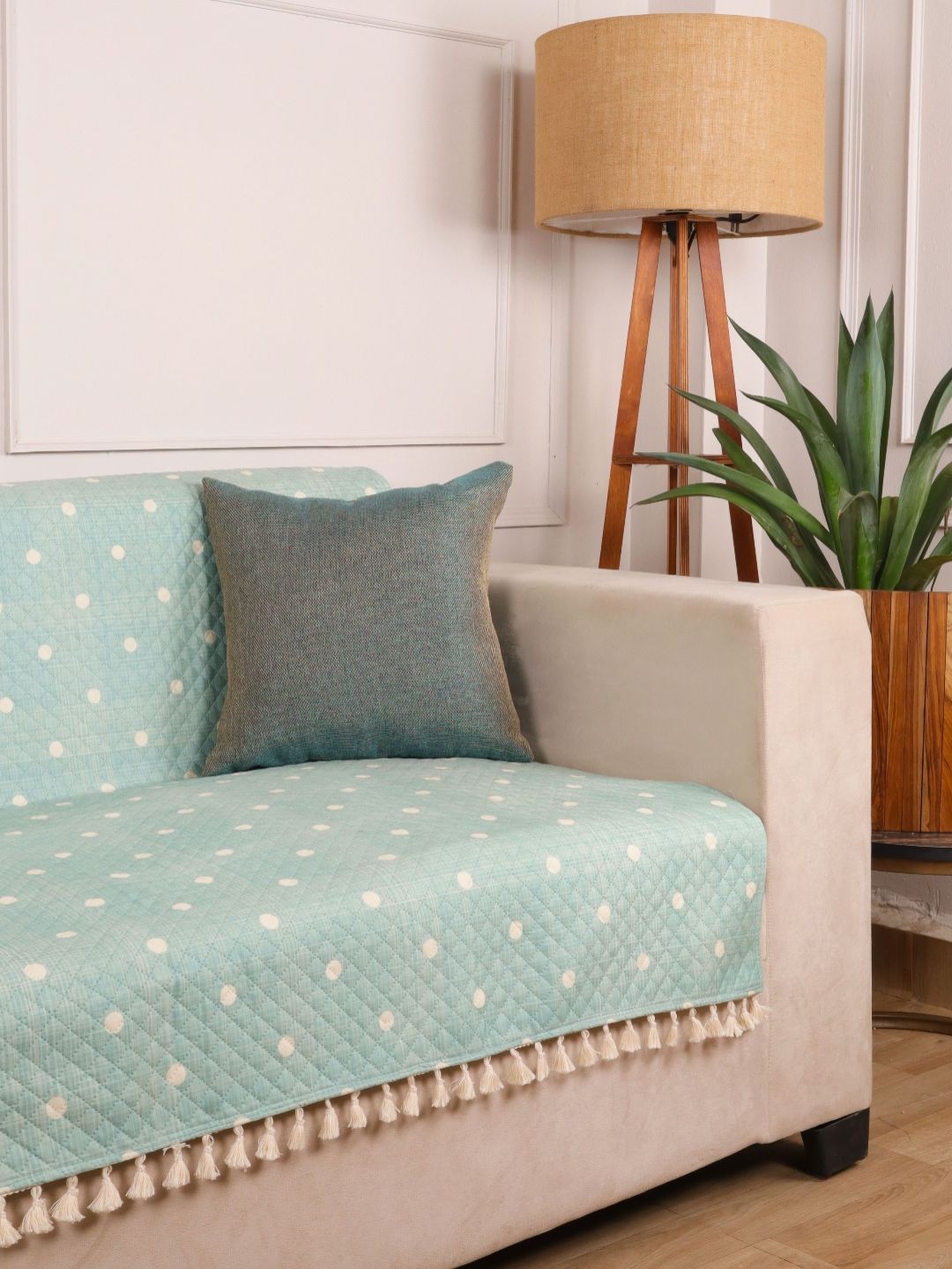 STITCHNEST 3 Seater Sea Green & White Velvet Sofa Cover