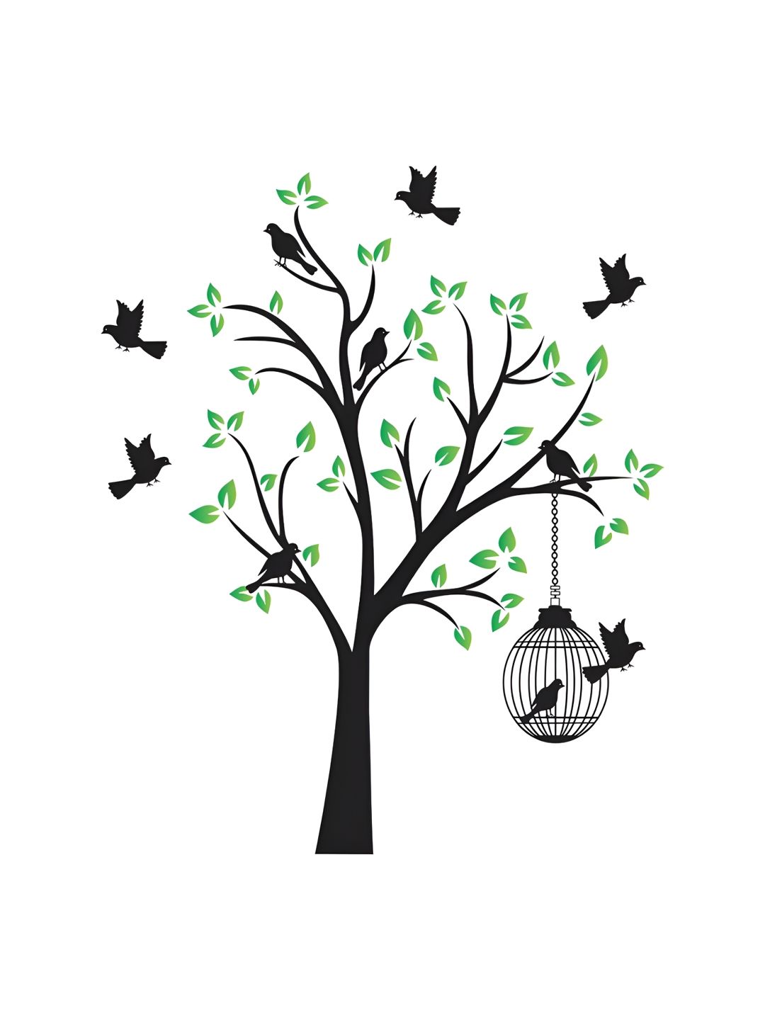 LANSTICK Green & Black Tree With Birds & Cage Printed Wall Stcikers-image-36