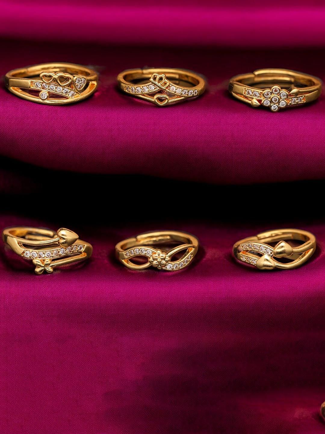 Anouk Set Of 6 Gold-Plated American Diamond-Studded Adjustable Finger Ring