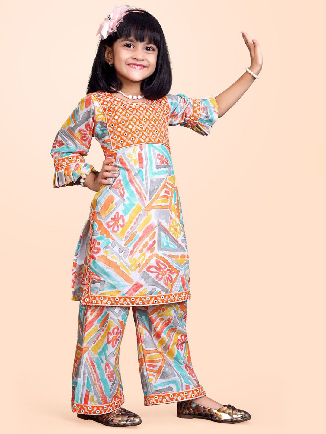 satyamfab Girls Abstract Printed Mirror Work Georgette Straight Kurta With Trousers-picture-21