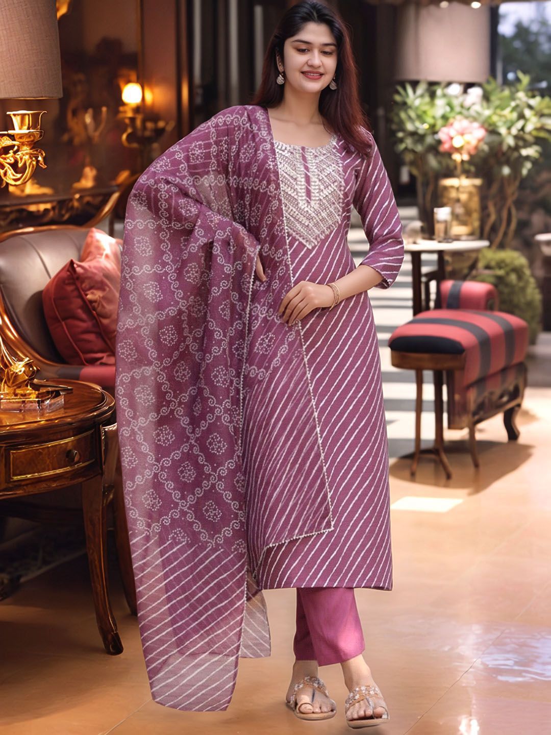 Aaghnya Leheriya Printed Round Neck Thread Work Straight Kurta with Trousers & Dupatta