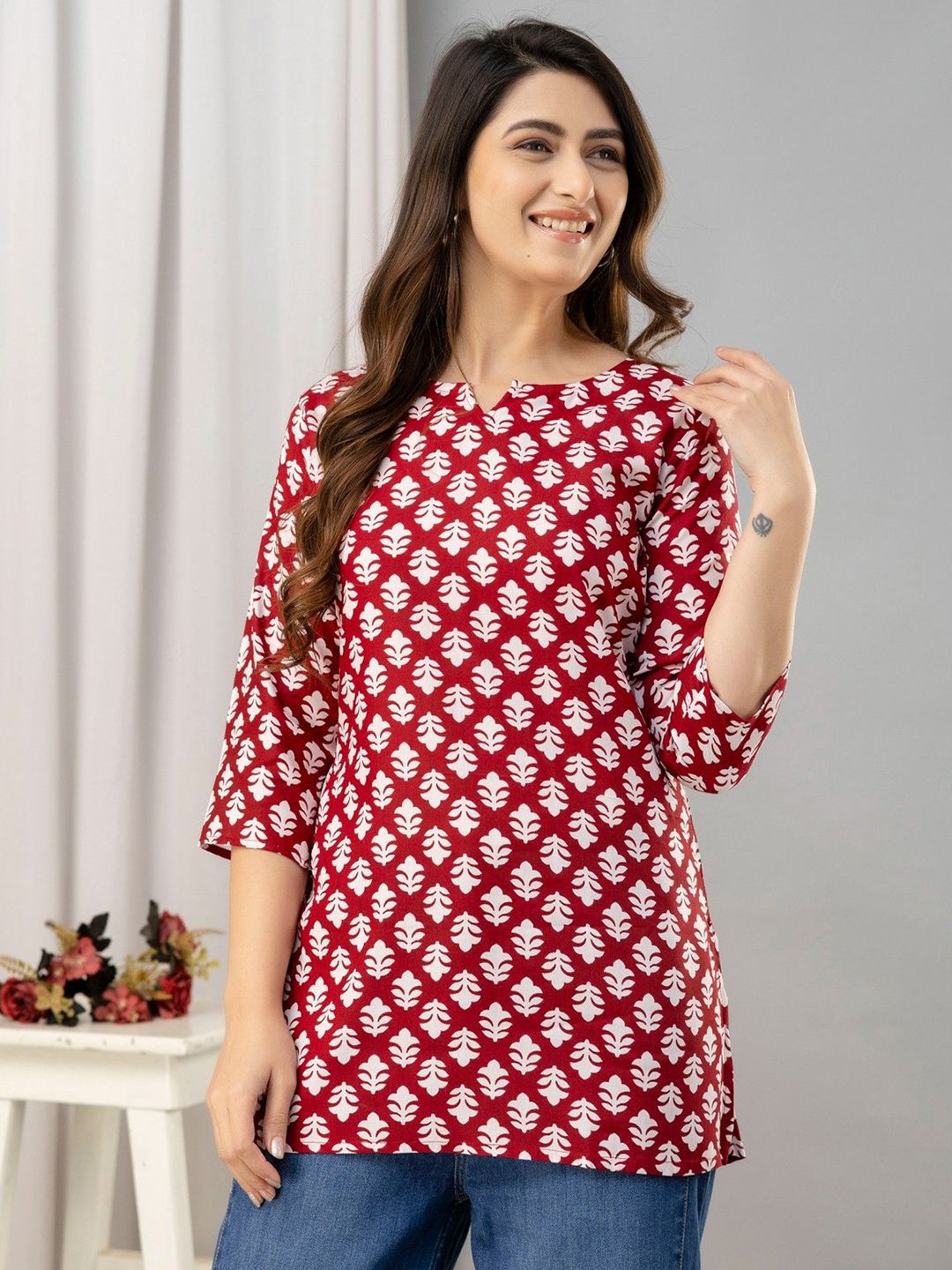 HARITWAL Women Print Mandarin Collar Ethnic Cotton Top-picture-37