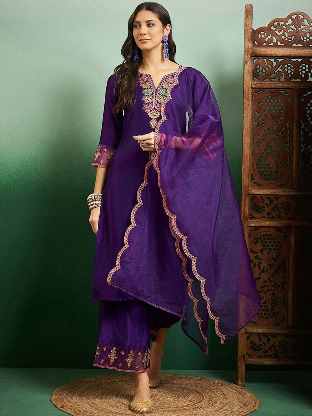 NIZA FASHION Floral Embroidered Notch Neck Pure Silk Kurta With Trousers & Dupatta