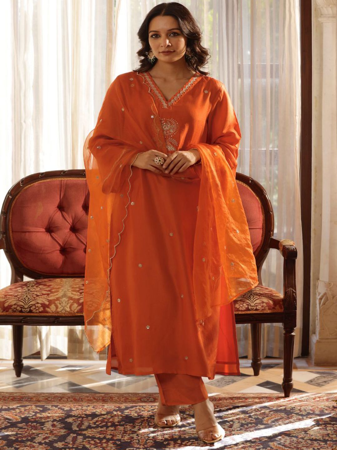 KALINI Women Ethnic Embroidered Regular Thread Work Kurta with Trousers & With Dupatta