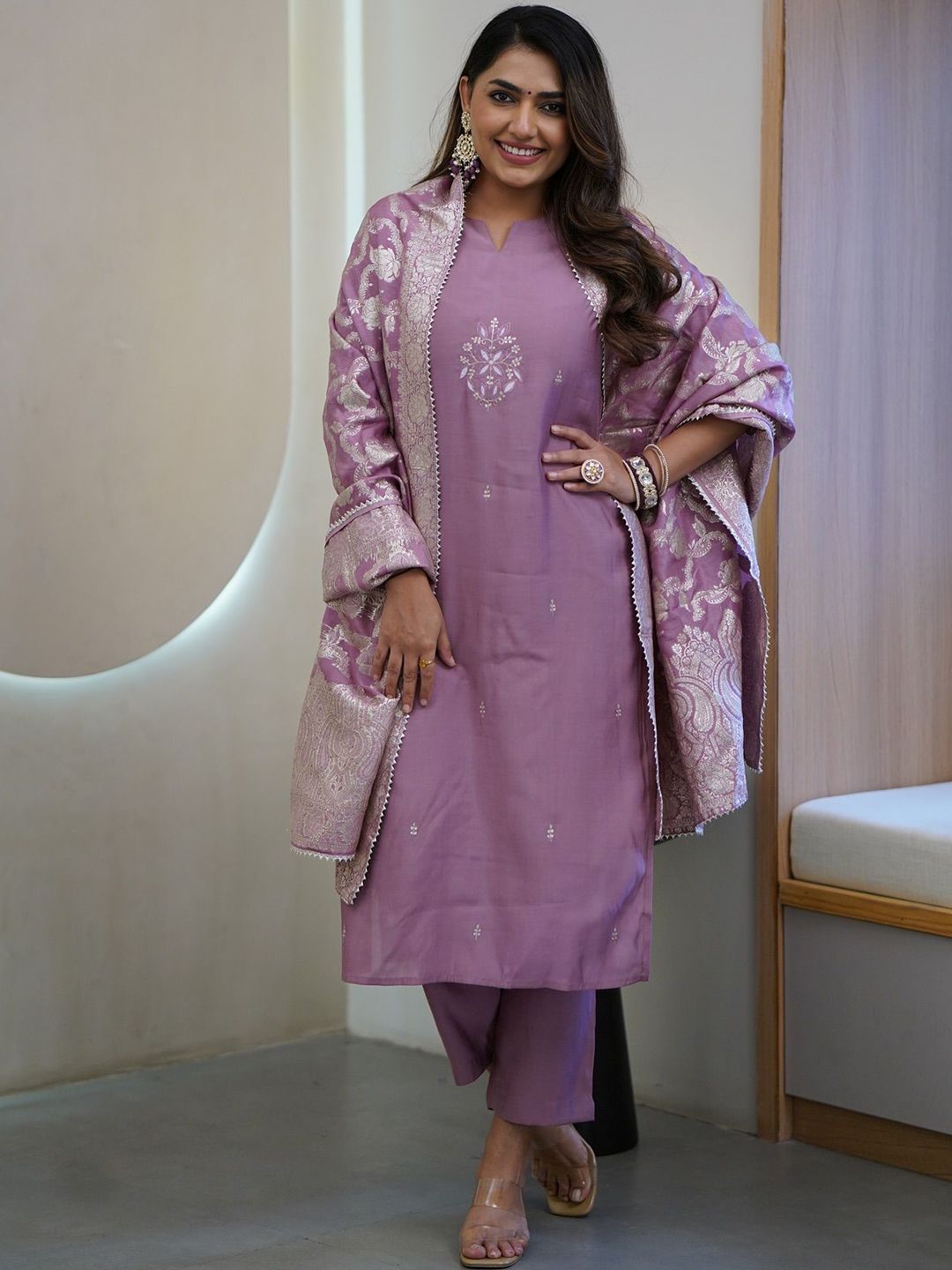 JAPNAAM Women Embroidered Regular Beads and Stones Kurta with Trousers & Dupatta