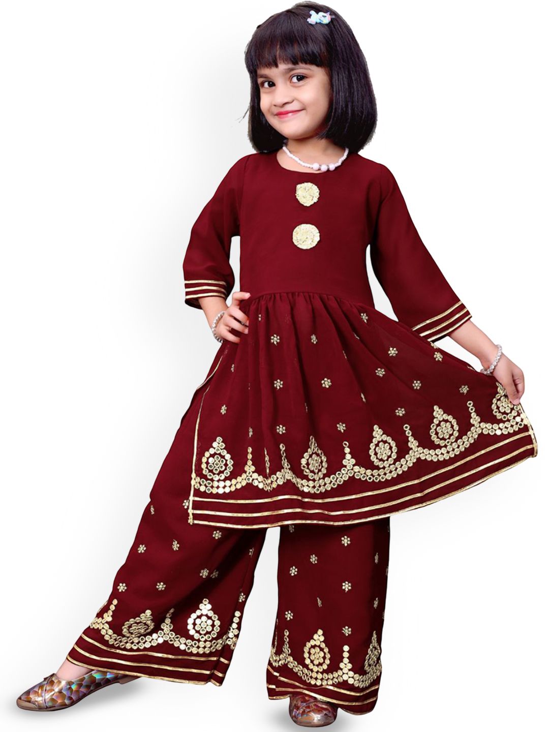 satyamfab Girls Floral Embroidered Regular Mirror Work Kurta with Palazzos-picture-25