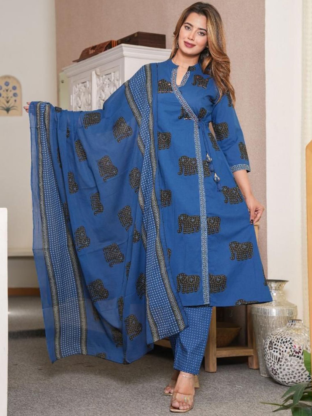 KALINI Women Animal Printed Cotton Kurta with Trousers & Dupatta