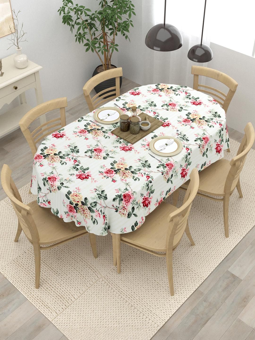 The Home Story White Floral Anti-Skid Cotton Oval 6-Seater Table Cover-picture-50