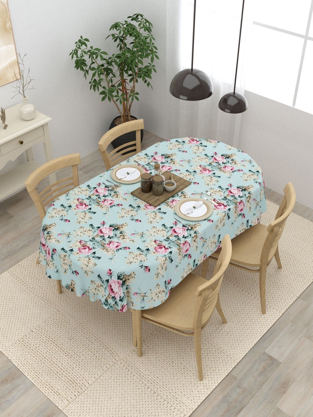 Clasiko Green & Pink Floral Printed Anti-Skid Cotton 4-Seater Table Cover-image-9